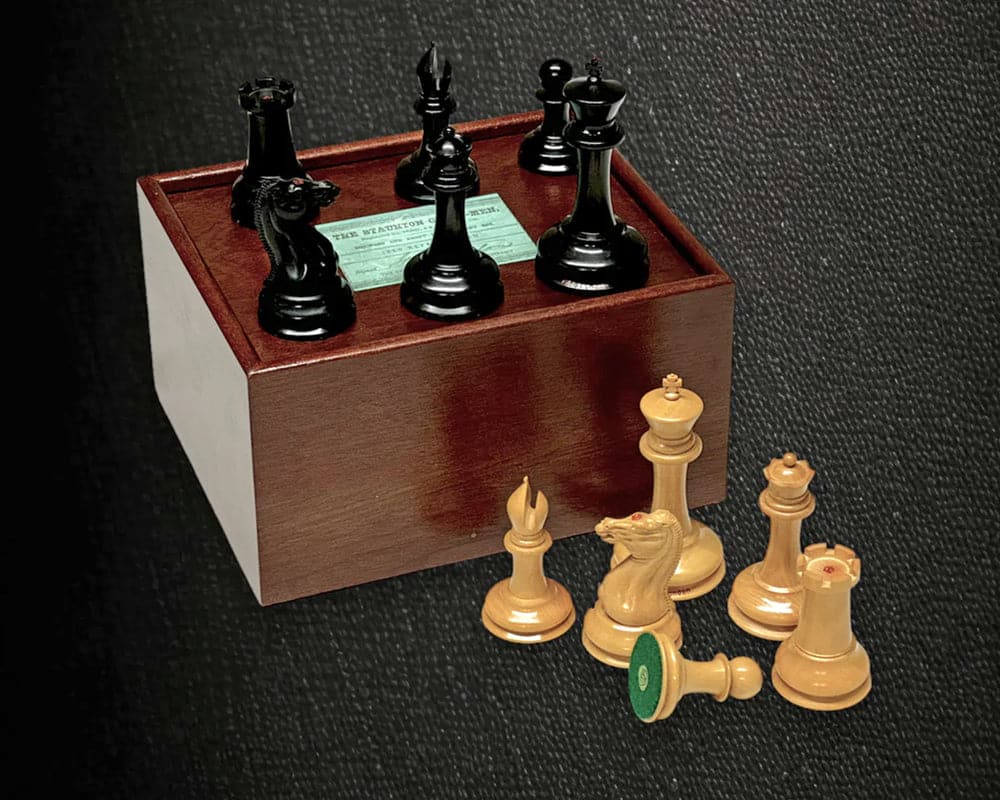 1850 London Exact Replica 3.5 Inch Ebony Chess Men with Case on Black Background