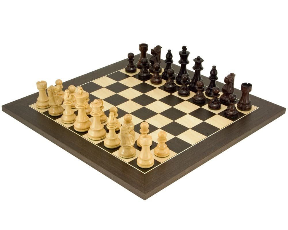 Rosewood and wenge chess set featuring classic Staunton design and 3.25 inch king pieces.
