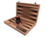 Tournament Walnut & Maple Backgammon Set Premium Edition by Manopoulos with deluxe leatherette cups, wooden stones, dice, and real wood inlays.