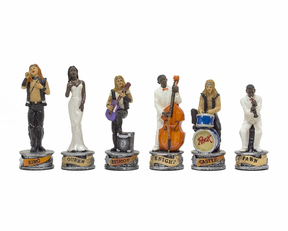 The Jazz Band Vs Rock Stars Hand painted themed chess pieces by Italfama