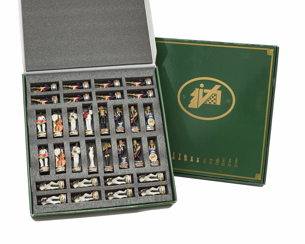 The Jazz Band Vs Rock Stars Hand painted themed chess pieces by Italfama