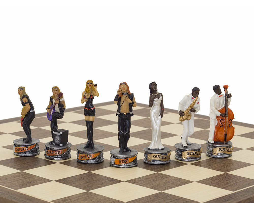 The Jazz Band Vs Rock Stars Hand painted themed chess pieces by Italfama