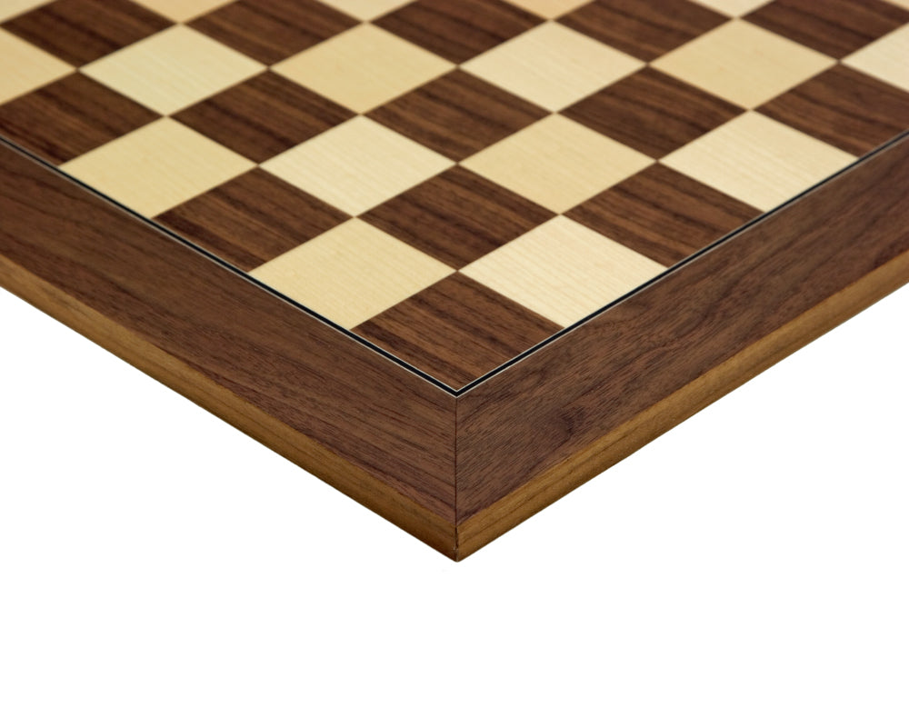 Close-up of the 19.7 Inch Deluxe Walnut and Maple Chess Board, highlighting the high-grade veneered construction and detailed craftsmanship.