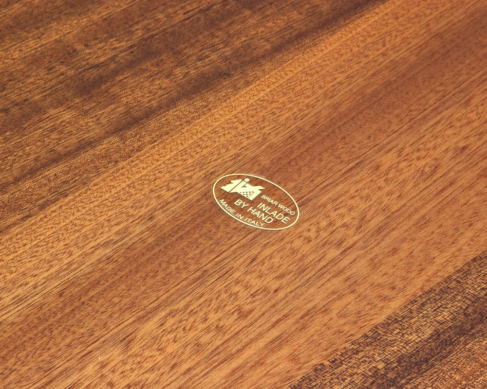 Close-up of handcrafted 20.5 inch Briarwood and Elm luxury chess board, handmade in Italy with high-grade wood and quality lacquer finish.