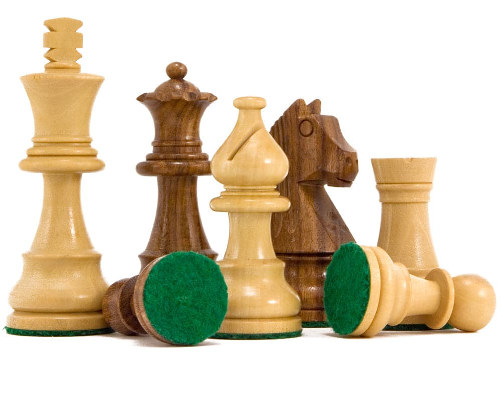 Down Head Knight Sheesham Staunton Chess Pieces 3 Inches. Weighted and felted, suitable for 15-16 inch boards. Handcrafted from sheesham and boxwood.