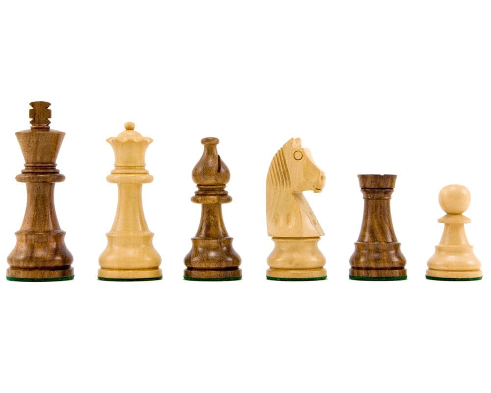 Down Head Knight Sheesham Staunton Chess Pieces 3.25 Inches in classic design, crafted from boxwood and golden rosewood, ideal for 15-16 inch boards.