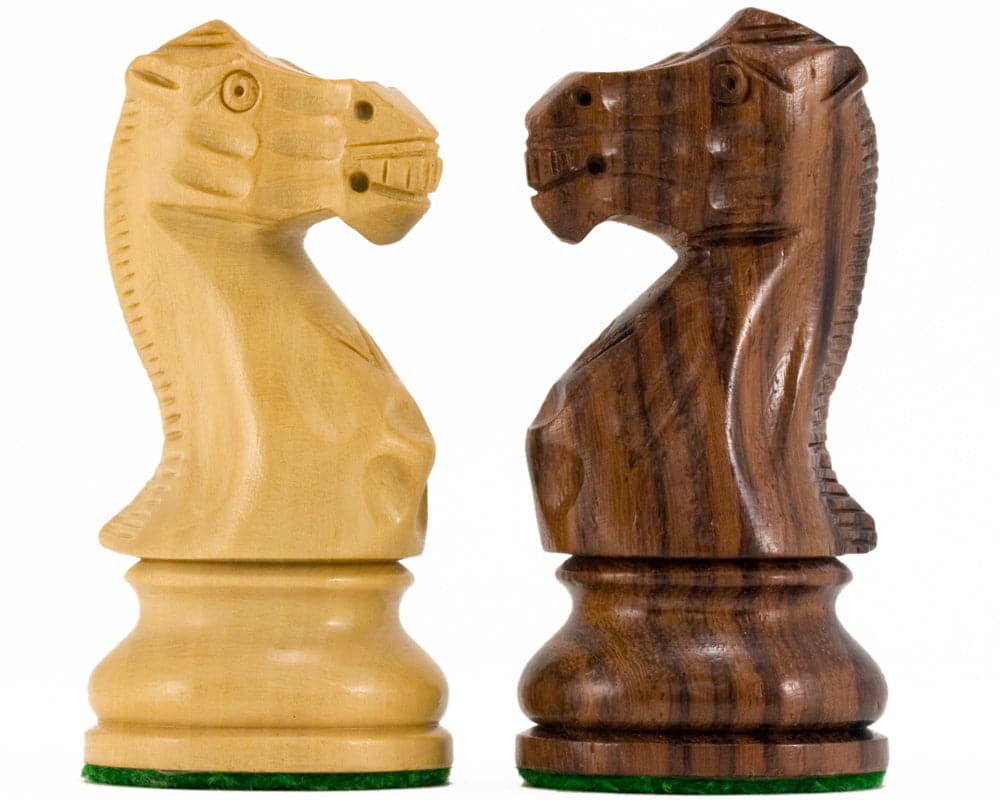 Atlantic Series Rosewood Staunton chess knight pieces in solid rosewood and boxwood, 3.75 inches, hand polished and felted.