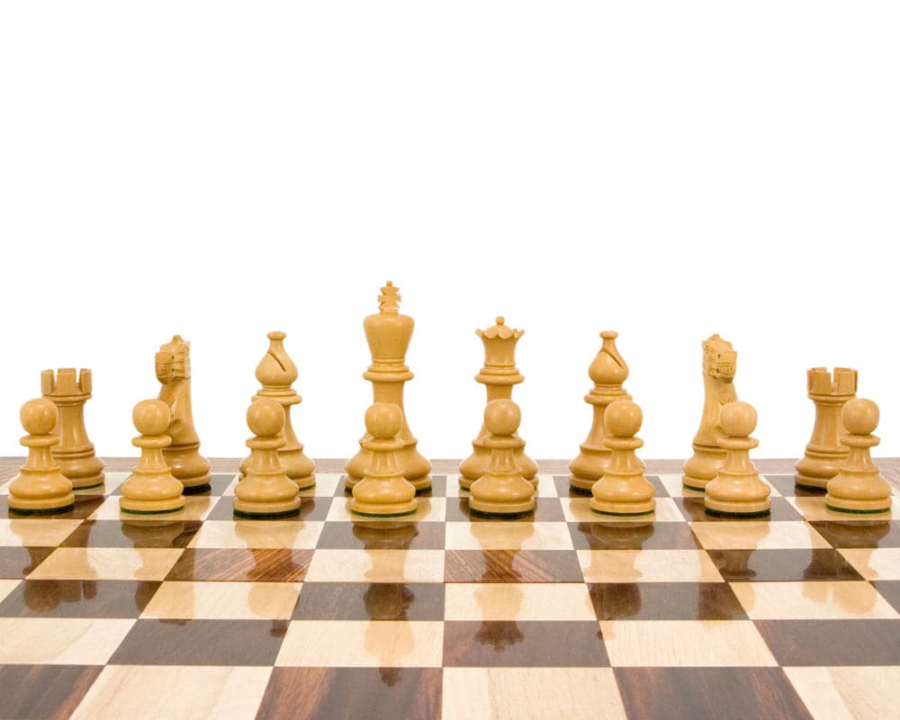 Atlantic Series Rosewood Staunton Chess Pieces 3.75 inches arranged on a 20 inch chessboard, made from single blocks of solid rosewood.