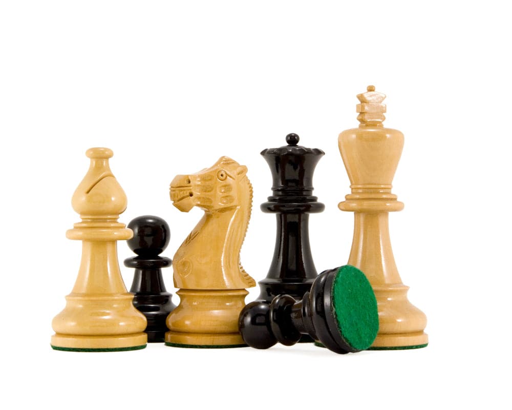 Atlantic Series Staunton chess pieces in black and natural lacquered boxwood with 3.75 inch king, ideal for 20 inch board