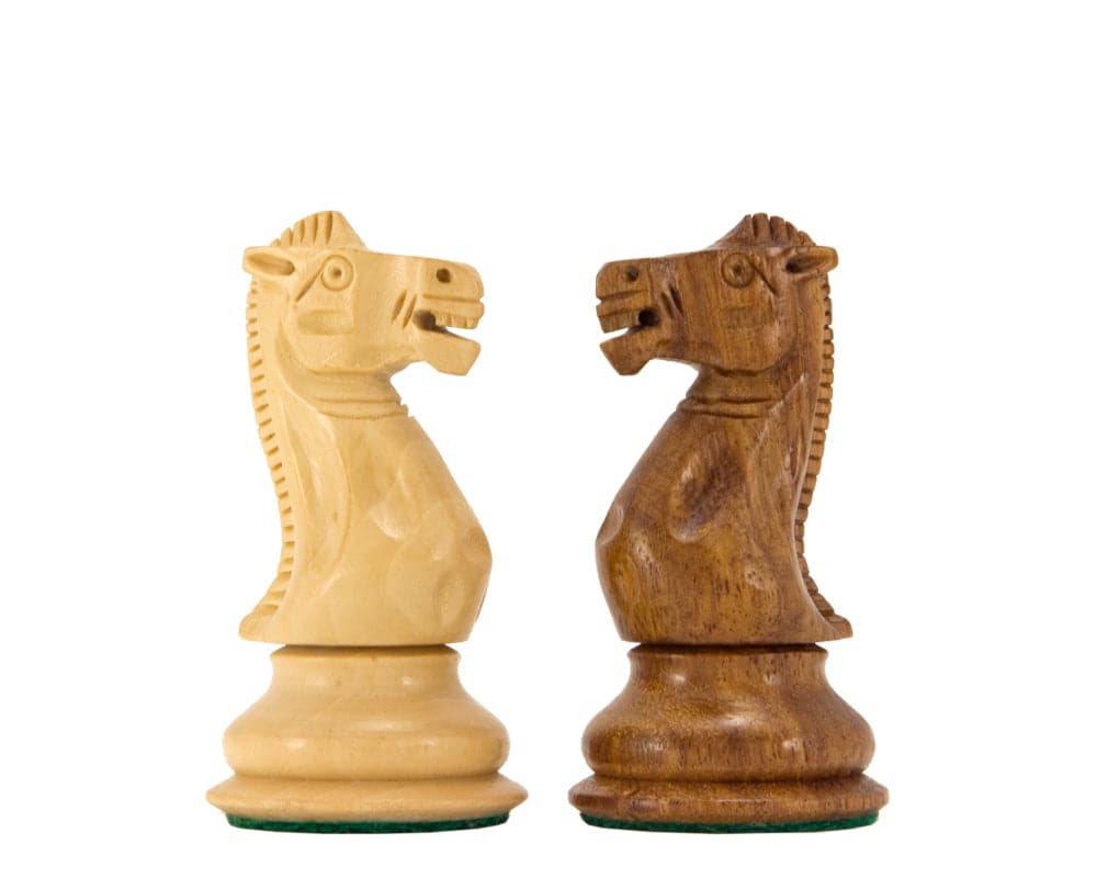 Victoria Series Sheesham and Boxwood Chessmen 3.75 Inches with hand-turned detailing and green flocked bases.