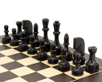 Contemporary Series ebonised chess pieces crafted in boxwood, featuring a 3.75-inch king on an 18-inch board.