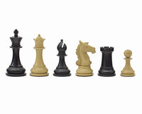 Columbus Series Chessmen Ebony 4 inch Staunton design set, featuring ornately carved and expertly crafted pieces in black and natural finish