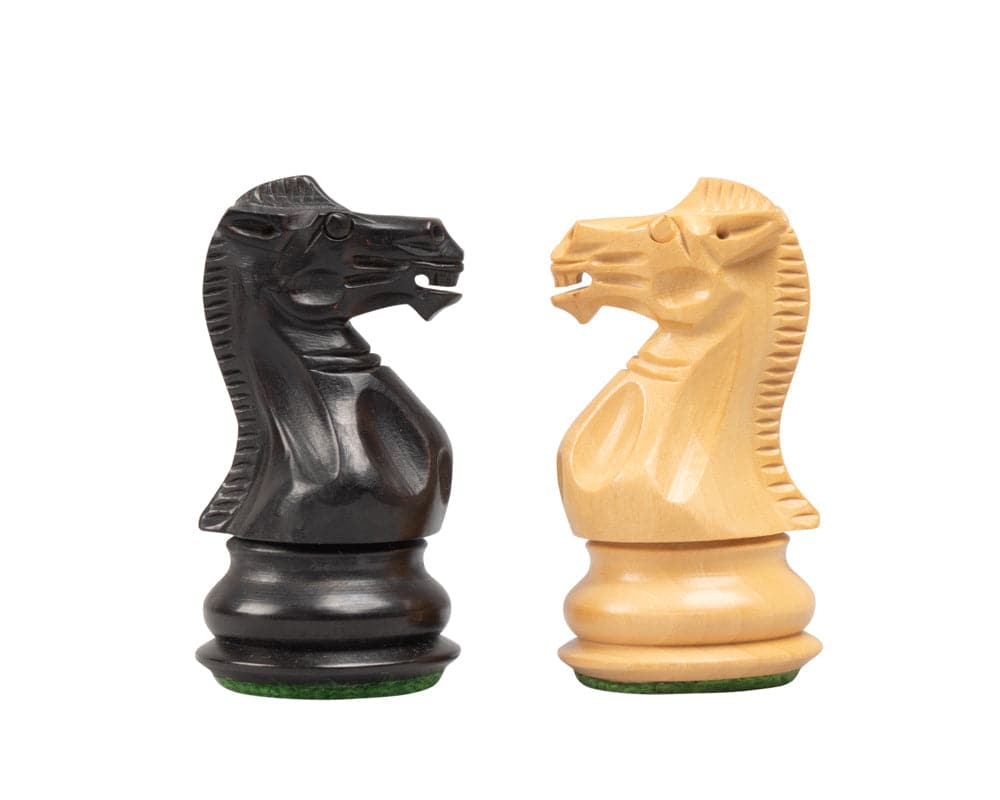 Black and white knight chess pieces from the Competition Chess Men set crafted in maple and walnut.