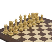 The Lemington Rosewood Chessmen set with intricately detailed pieces on a wooden chessboard.