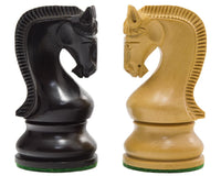 Detailed ebony and boxwood knight chess pieces from the Leningrad Series Ebonised Chess Men set.