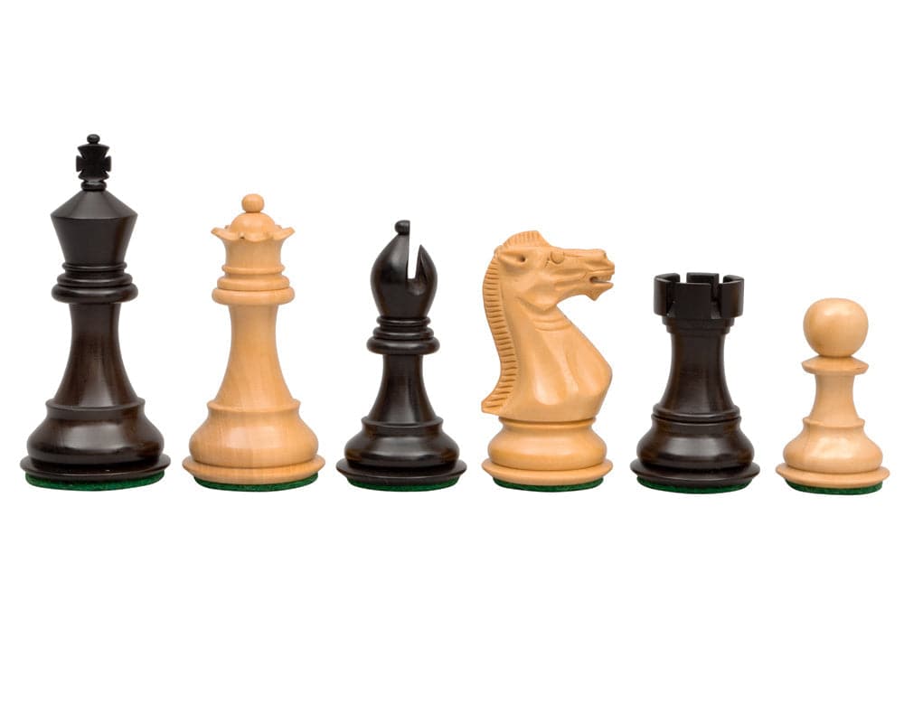 The Stallion Knight 3.5 inch Ebonised Chess Pieces in Staunton design, expertly turned boxwood, weighted and felted chessmen.