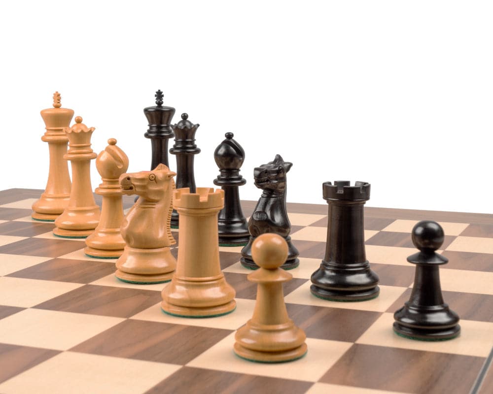 Reproduction Staunton Ebony Chessmen 1869 Model on Walnut and Maple Chess Cabinet