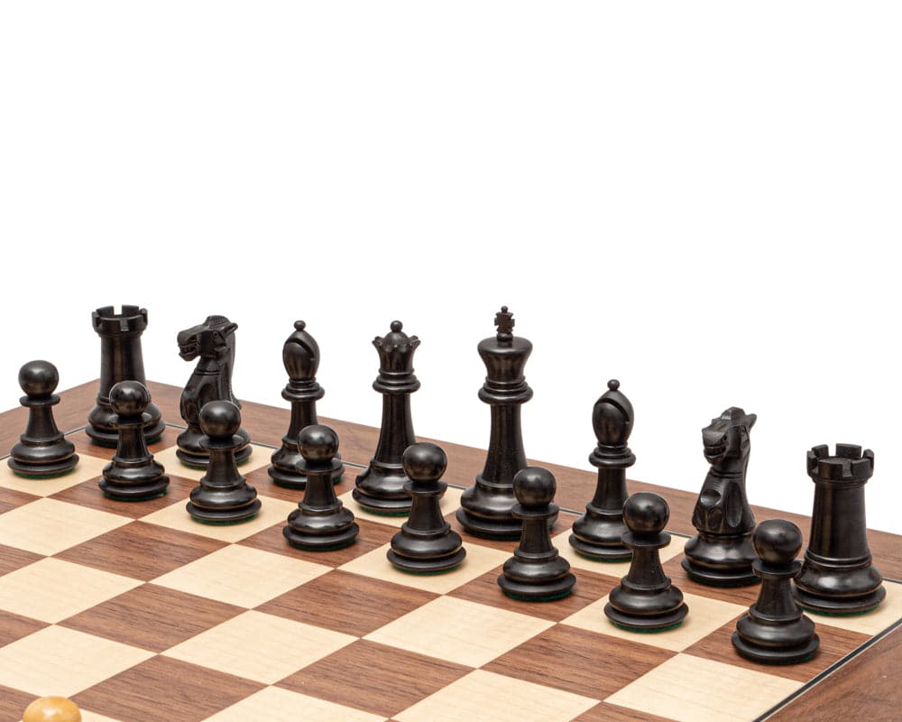 The Warwick Series 3.25 Inch Ebonised Chessmen on a Chessboard with Traditional Staunton Design and Superb Finish