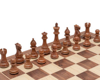 3.5 Inch Classic Staunton Chessmen Acacia Wood on chessboard. Expertly turned, weighted, and felted chess pieces with traditional design.