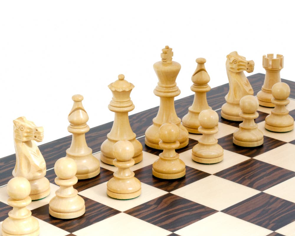 High-quality ebony chessmen on 19-inch board with notation markings, beautifully crafted in Spain, ideal for a 3.5 to 3.75-inch king.