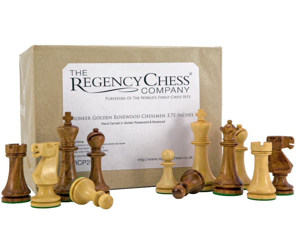Pioneer Golden Rosewood Chessmen 3.75 Inches by Regency Chess Company placed in front of product packaging.