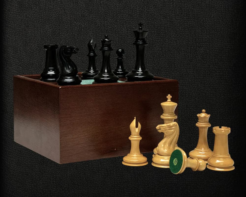 The 1850 London Exact Replica Limited Number Edition 3.5 Inch Ebony Chess Men with Case on display