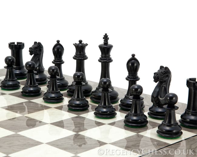 Oxford Ash Burl Chess Set with classic Staunton design chessmen on a gloss grey ash burl board