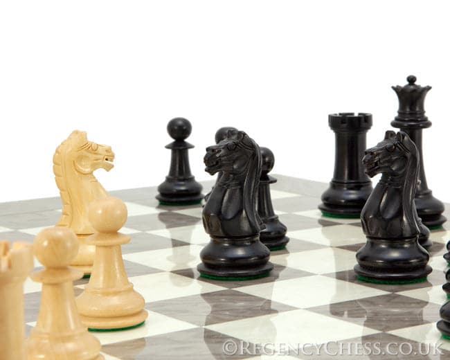 Oxford Ash Burl Chess Set with handcrafted Staunton chess pieces on a gloss grey ash burl board from Regency Chess Co UK