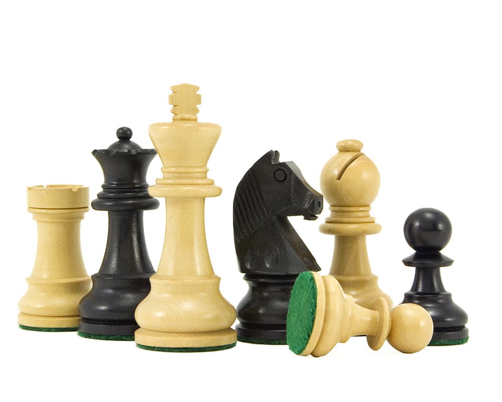 Down Head Black Championship Chess Set pieces including 3-inch king, German Knight chessmen, solid natural and ebonized boxwood, green felted bases.