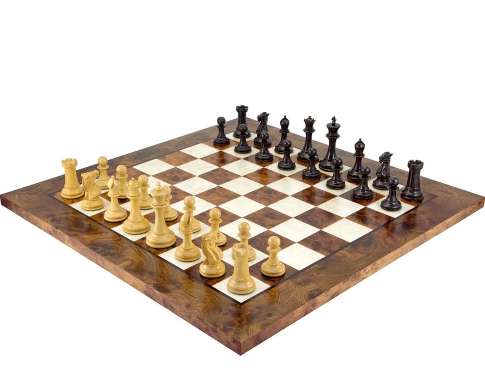 Old English Elite Ebony and Briar Luxury Chess Set with Lacquered Briarwood Board and Handcrafted Chess Pieces