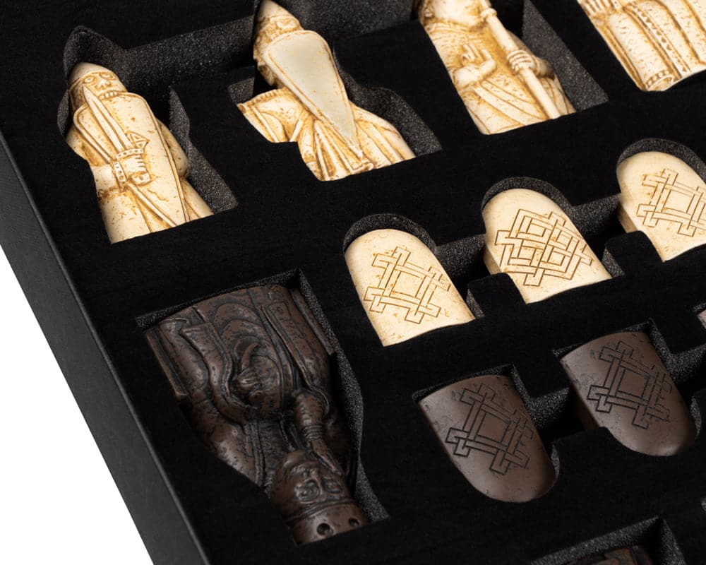 Close-up of Isle of Lewis chessmen in a box from the luxurious Italian Briarwood Chess Set by The Regency Chess Company