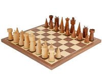 Art Deco walnut chess set with Sheesham and Boxwood pieces on 13-inch Walnut and Maple veneer chessboard