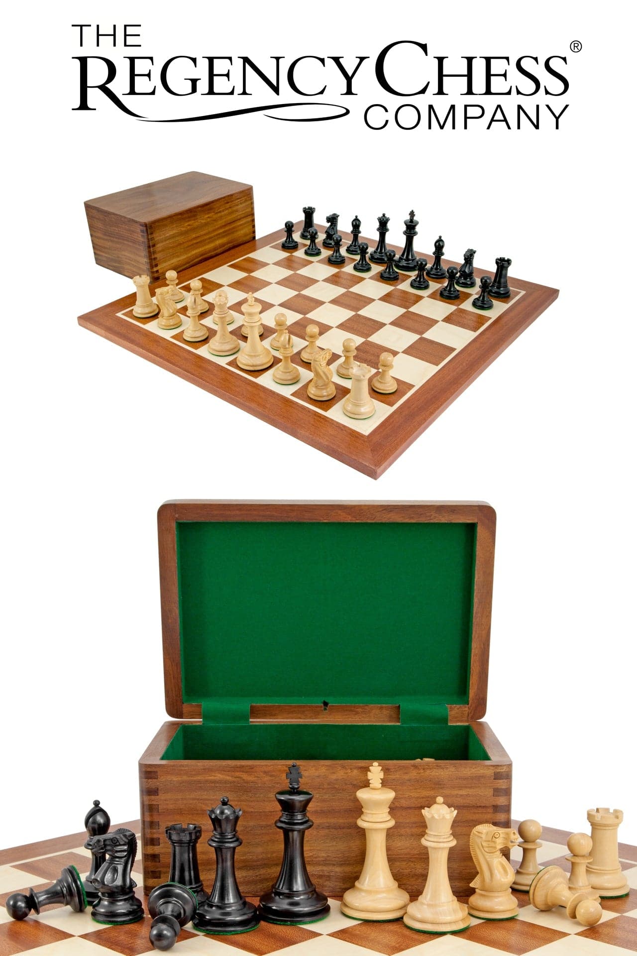 Old English Elite Ebony Mahogany Chess Set with Staunton pieces, mahogany board, and golden rosewood chess piece case by Regency Chess Company