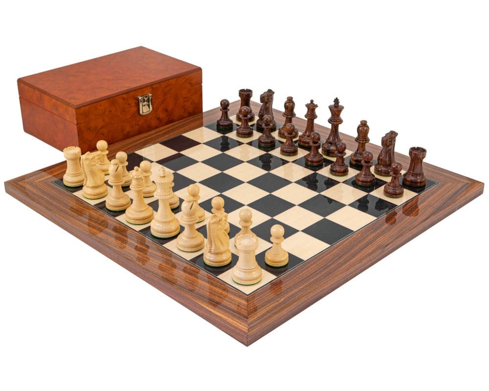 Supreme Rosewood Chess Set with Burl Wood Case on 18 inch board, Staunton design, solid rosewood pieces, with storage case.