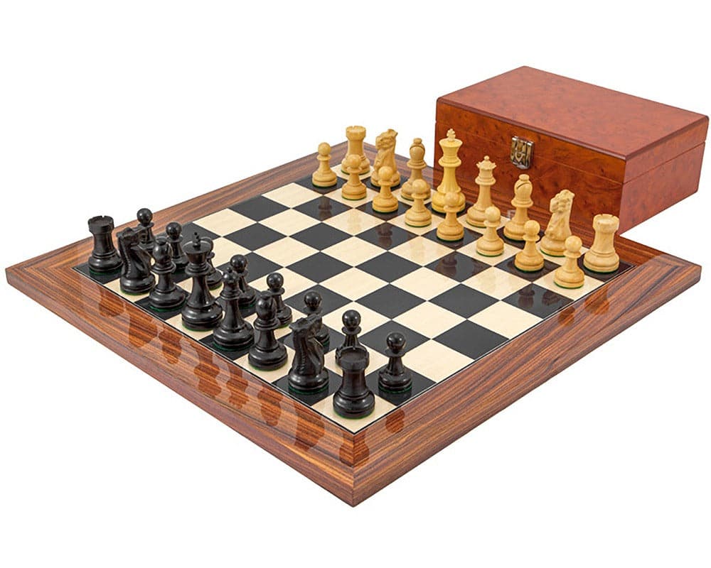 Supreme Ebony Chess Set with Staunton design, 3.5 inch king, burl wood case, 17.7 inch board, and felt lined storage box