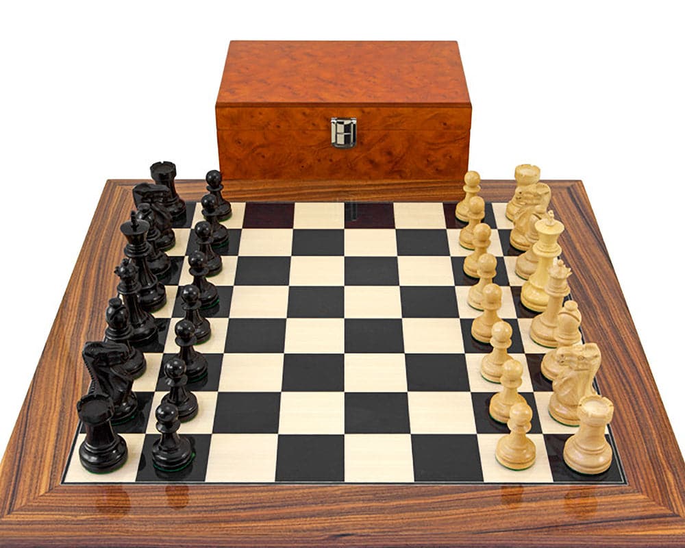 Supreme Ebony Chess Set with Burl Wood Case, classic Staunton design, expertly crafted, 3.5 inch king, luxurious board, felt lined storage box.