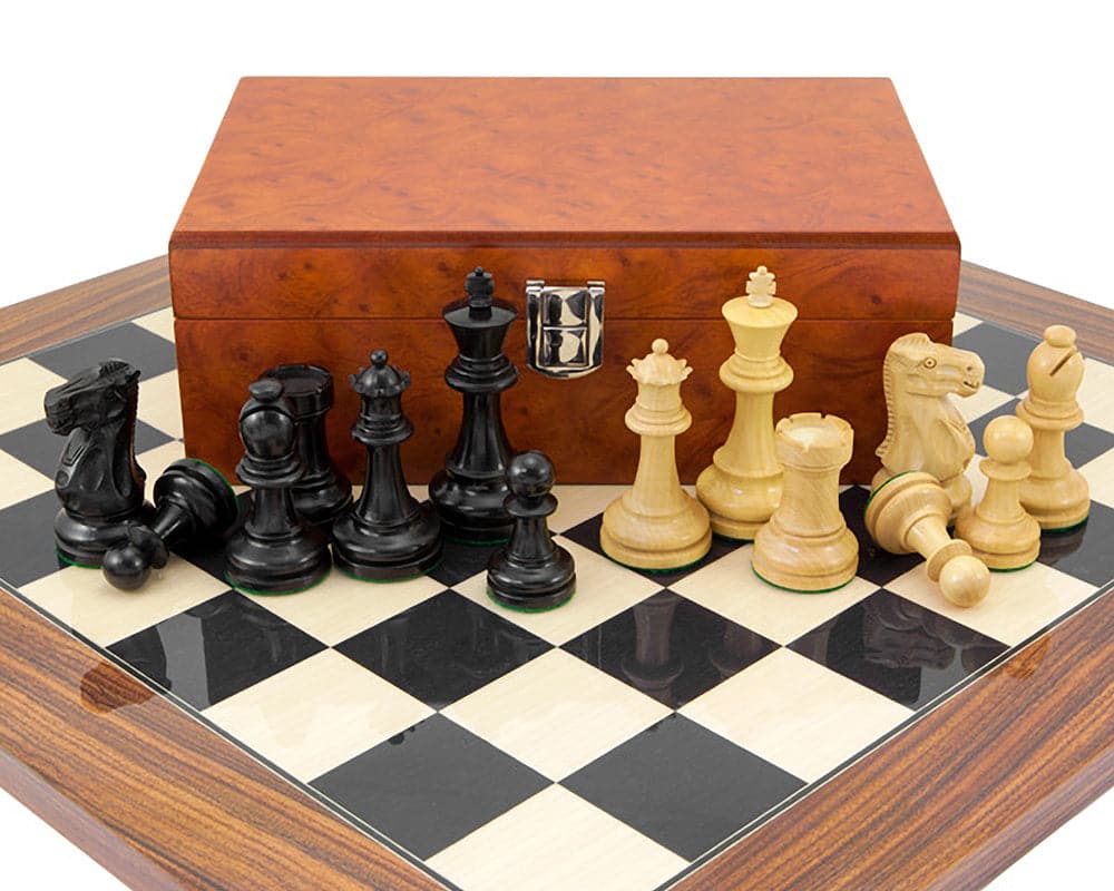 Supreme Ebony Chess Set with Burl Wood Case on 17.7-inch board featuring Classic Staunton design and beautifully crafted solid ebony pieces