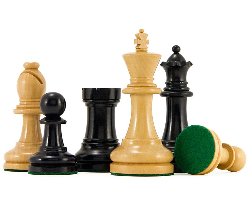 Supreme Ebony Chess Set with Burl Wood Case, featuring classic Staunton design pieces made from solid ebony and boxwood with felted bases.
