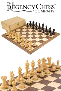 Fierce Knight Black Tournament Chess Set with a walnut and maple board and wooden storage box from Regency Chess Company