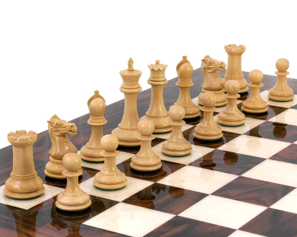 Luxury Staunton chess set with handcrafted hardwood pieces on an Italian chess board.