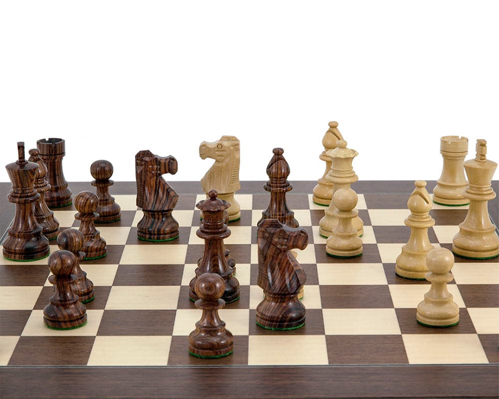French Knight Montgoy Rosewood Chess Set with Staunton design pieces and luxurious board. Handcrafted in solid rosewood with distinctive grain detail.