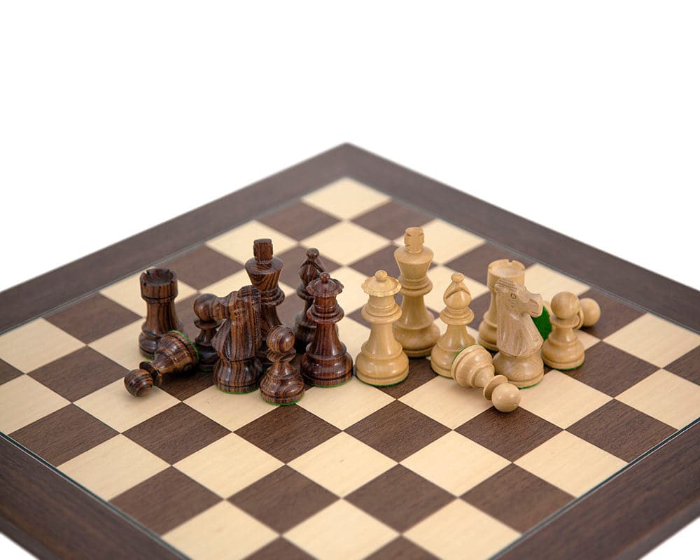 French Knight Montgoy Rosewood Chess Set with Staunton design pieces and 3.25-inch king on luxury chess board
