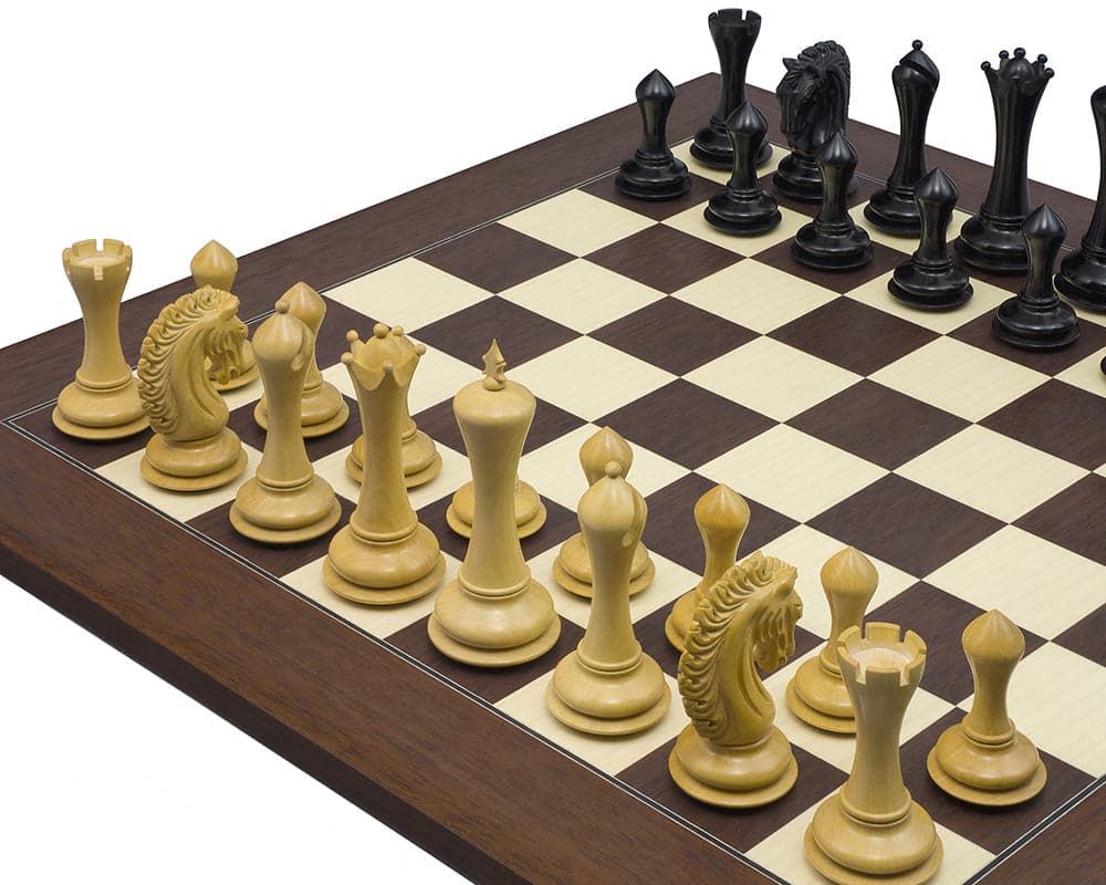 Empire Knight Ebony Palisander chess set on 21.7 inch Rechapados Ferrer S.A. board with Staunton pieces including 4.5 inch King and additional Queens