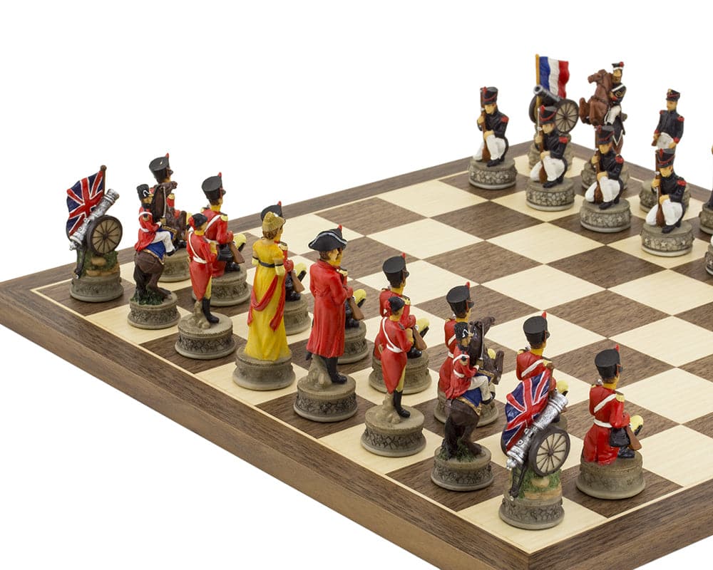 Hand painted Battle of Waterloo themed chess set by Italfama on Spanish board, featuring Bonaparte, Wellington, Josephine, and Catherine.