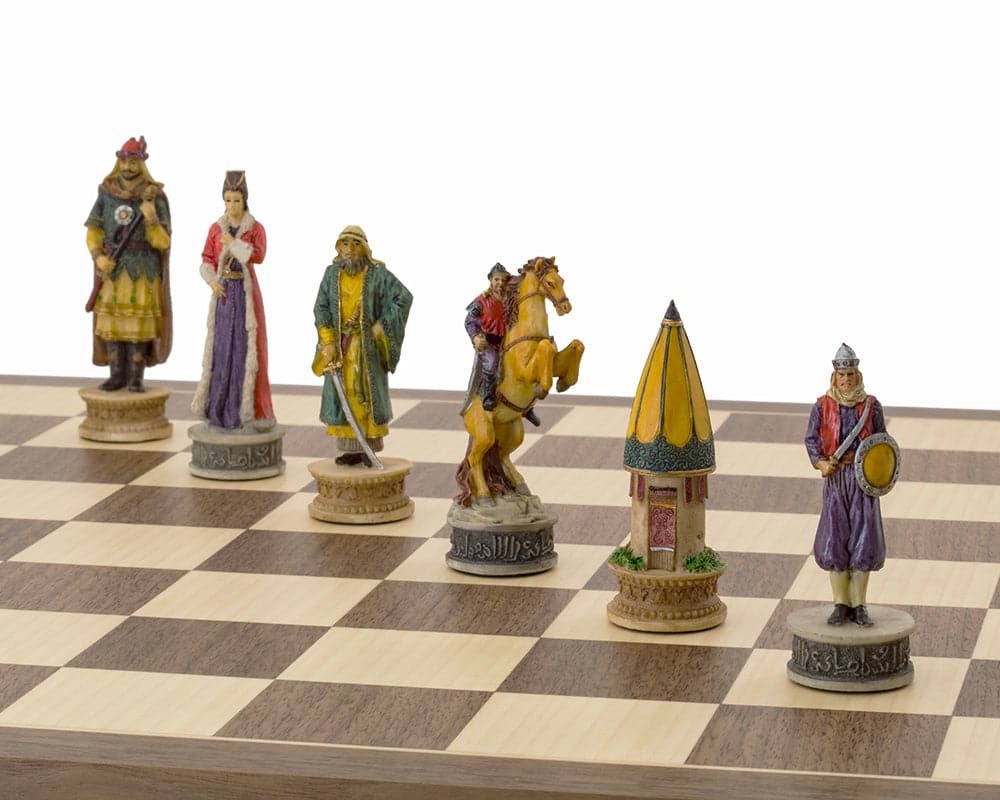 Hand painted chess pieces from The Hungarians vs Turkish Chess Set by Italfama on chessboard