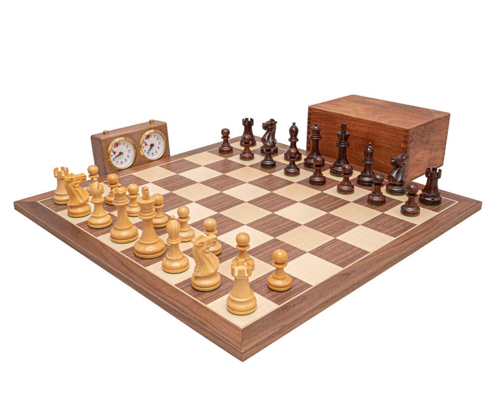 Rosewood and Walnut Deluxe Staunton Chess Set with 3.75 inch king, Spanish board, wooden case, and analog clock.