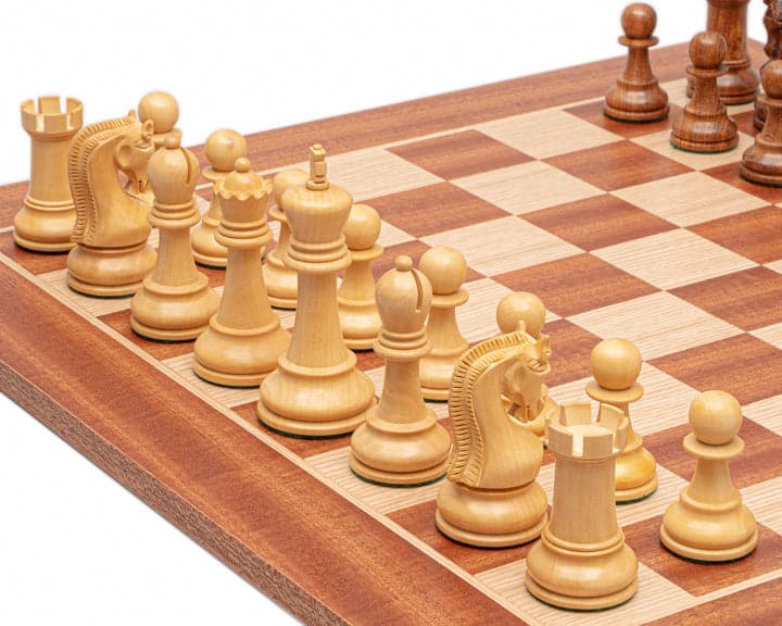Leningrad Acacia and Mahogany Chess Set with Classic Staunton Design on a Wooden Chess Board