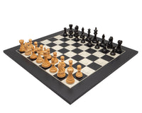 The Fierce Knight Black and Maple Chess Set with 4 inch king on a deluxe 21.7 inch board with 2.17 inch squares.