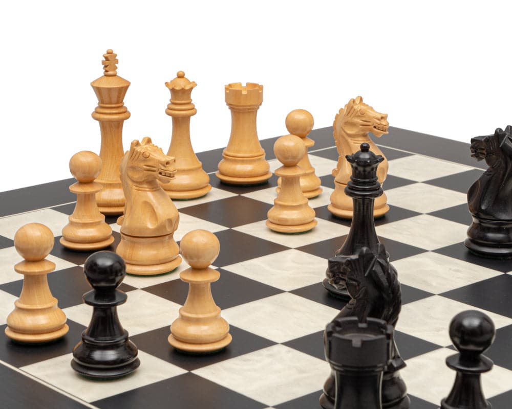 The Fierce Knight Black and Maple Chess Set with ebonised boxwood pieces and deluxe Spanish board showcasing large, quality chess pieces on a 21.7-inch board