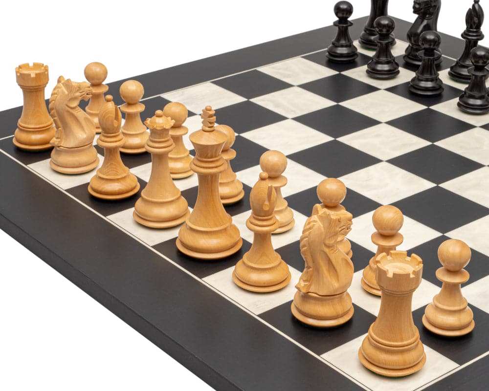 The Fierce Knight Black and Maple Chess Set with large ebonised boxwood pieces on a deluxe 21.7 inch board from Spain.